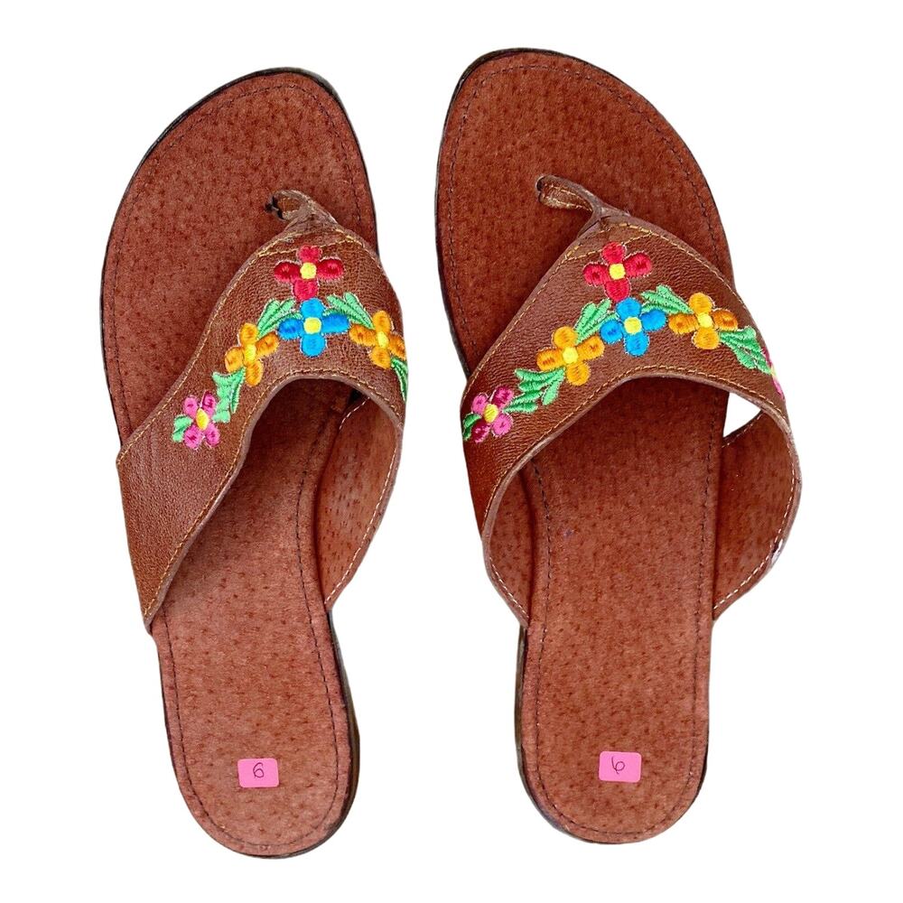 Mexican Sandals Open Toe Wedge Faux Suede Floral Embroidered Brown US 8-8.5 N